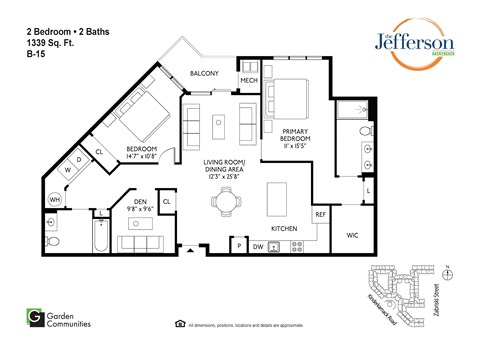 Floor plan for 2 beds, 2 baths, 1339 sqft